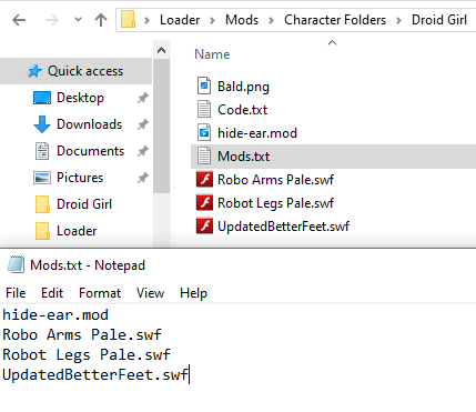 character folder and mods txt file.png