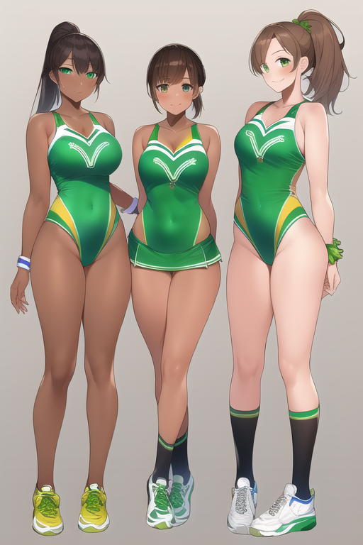 Green Cheerleader outfit, full body, dark skin, brown hair, ponytail, 5girls,  s-3050193421.png