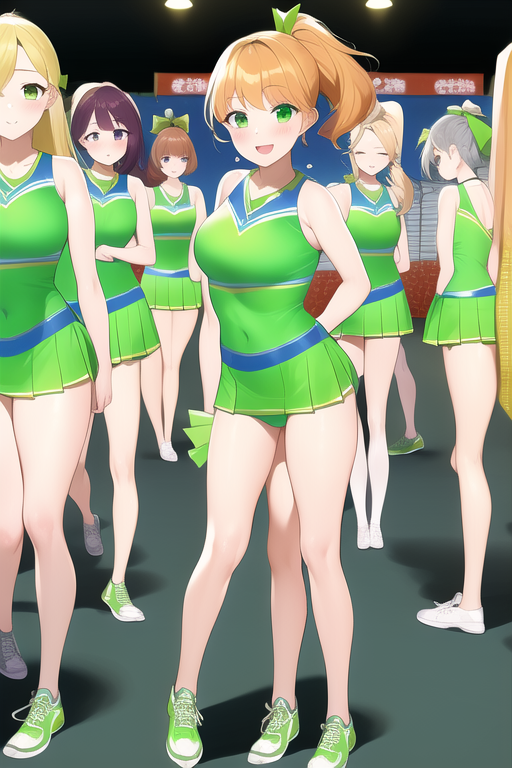 Green Cheerleader outfit, full body, ponytail, 5girls , crowd,  s-2616134191.png