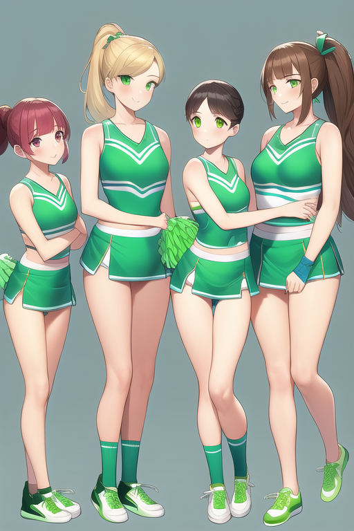 Green Cheerleader outfit, full body, ponytail, 5girls  s-1176305149.png