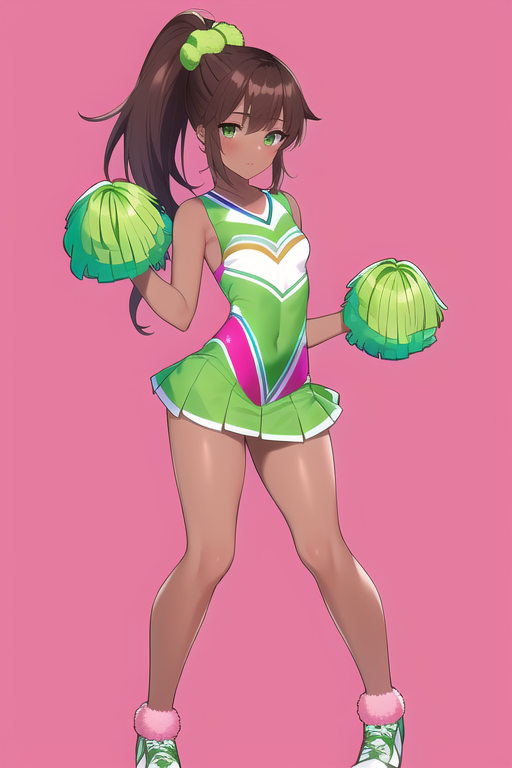 Green cheerleader outfit, pink pom pom (cheerleading), small breasts, full body, s-2031776460.png