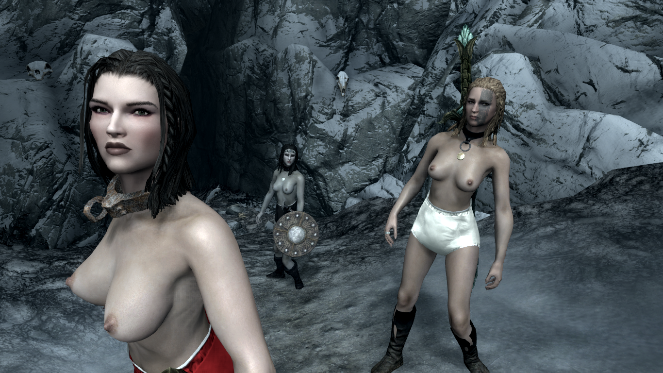 Lydia, Alyn and Mjoll show off their fighting slave costumes.