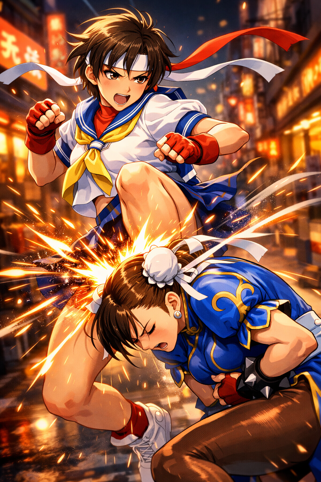 Sakura Kicks Chun Li in the face while she's down